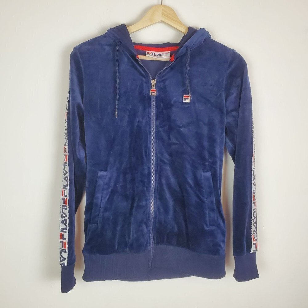 Vintage Fila S Navy Blue‎ Hooded Full zip Velour Jacket Ribbon Sleeve Spellout